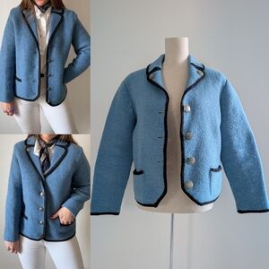Vintage Hofer Tyrolean 100% Wool Jacket Blazer Light Blue with Black Trim